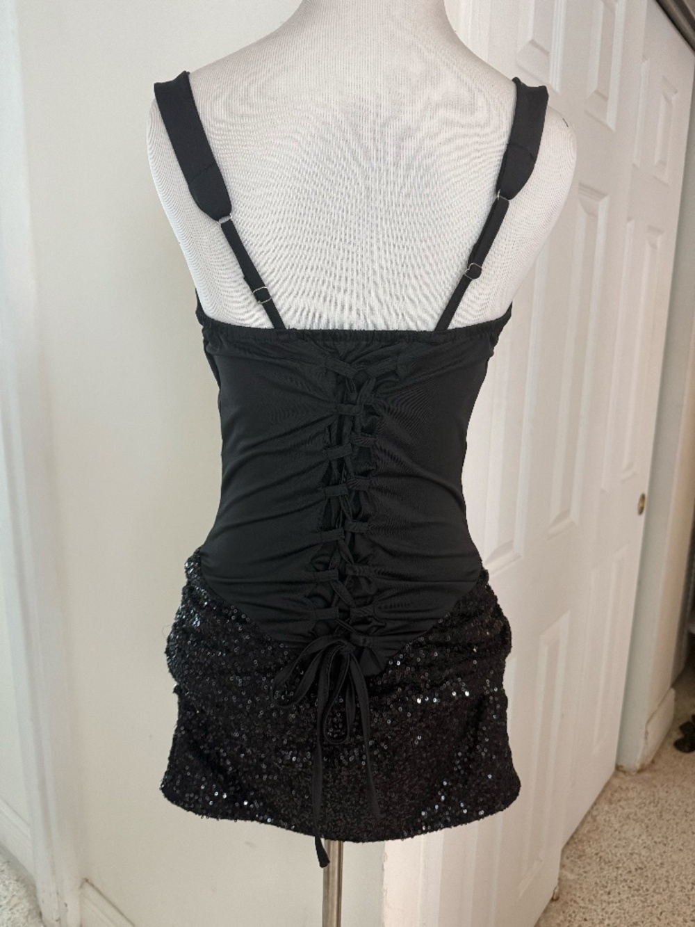Black Sequin Mini Dress | Satin Bodice Party Dress | Evening Cocktail Dress | Si - Picture 5 of 5
